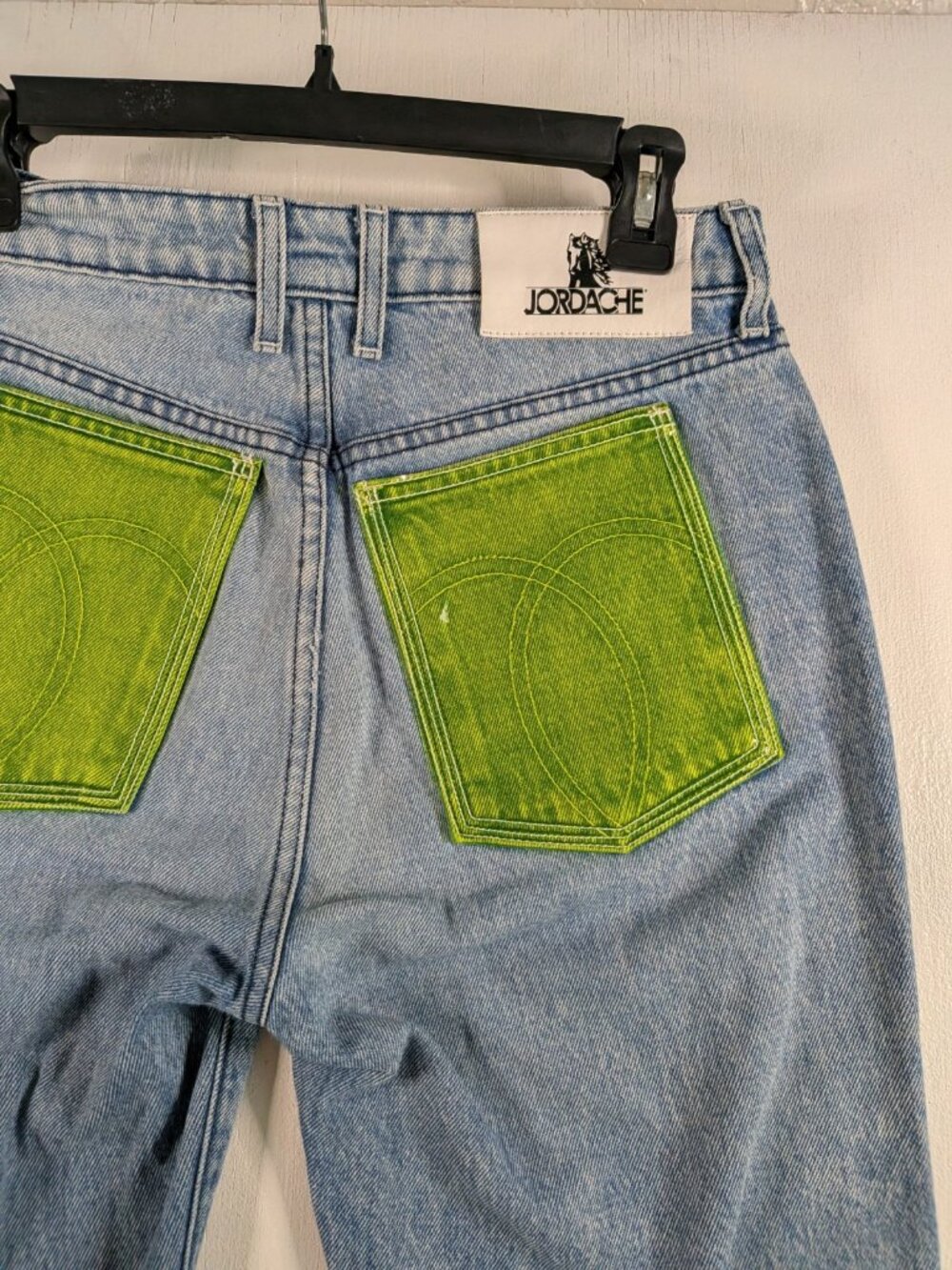 Y2K Festival Neon Green PVC Pocket Jeans Sz 27 Jordache Light Wash Straight